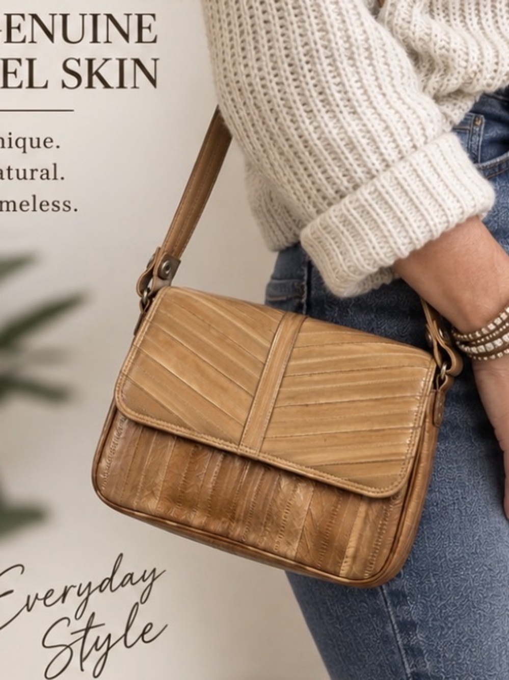 Vintage Genuine Eel Skin Leather Shoulder Bag Made in Korea Tan Brown125

DESCRI